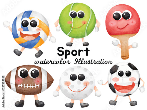 Wallpaper Mural Cute Hand-Painted Watercolor Sport Characters: Volleyball, Tennis Ball, Ping Pong Paddle, Rugby, Golf Ball, and Soccer Ball Torontodigital.ca