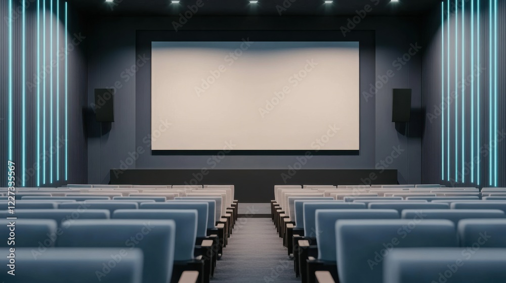 Fototapeta premium Empty cinema auditorium with white screen and rows of seats in modern theater setting