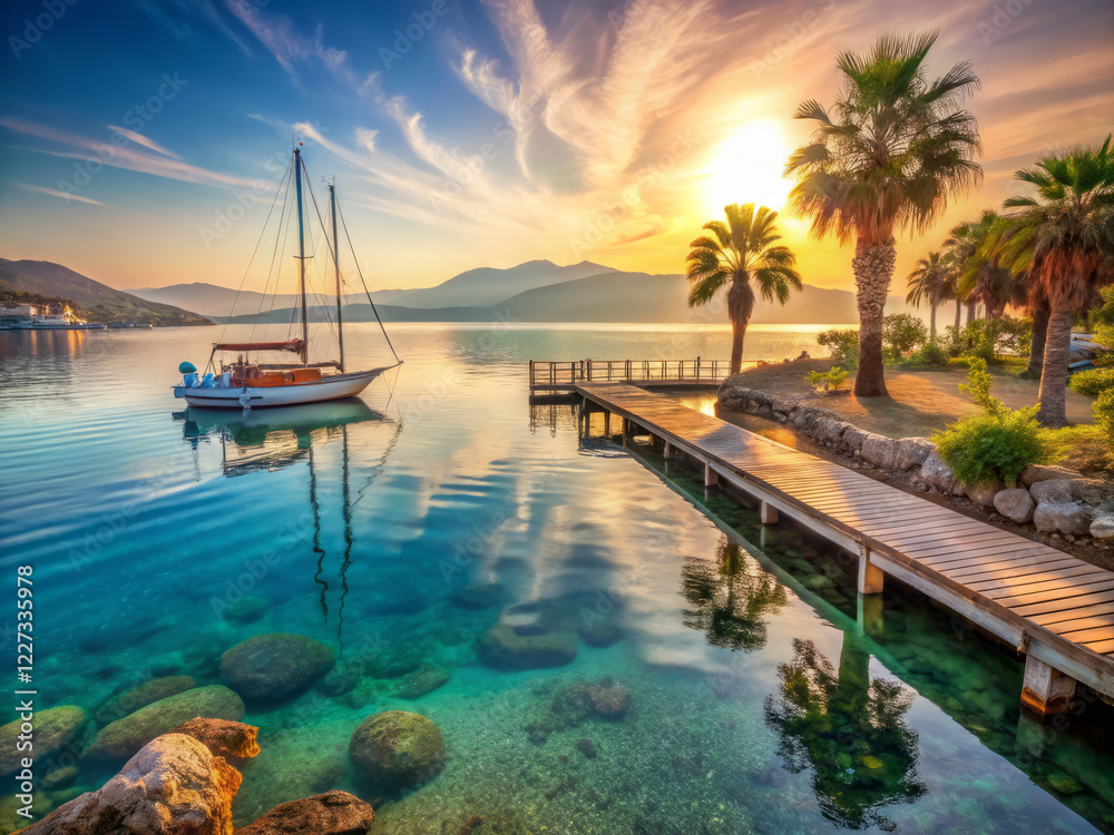 tranquil sunset over serene bay with sailboat, palm trees, and wooden dock reflecting in clear water. warm golden light creates peaceful atmosphere tranquil sunset over serene bay with sailboat, palm trees, and wooden dock reflecting in clear water. warm golden light creates peaceful atmosphere