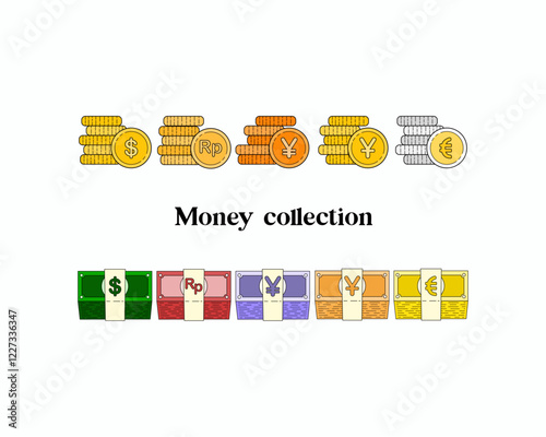 Set of currency like dollar, rupiah, yen, yuan, euro in coins and banknote on white background