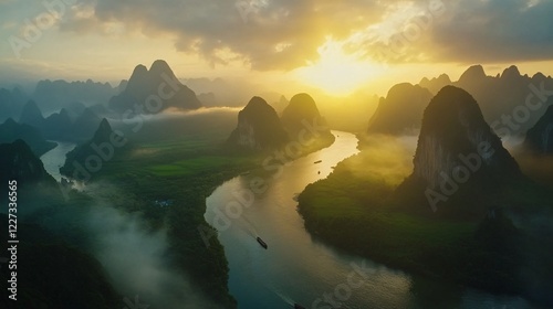 Aerial View of the Majestic Li River in Guangxi, China, Showcasing Unique Karst Mountain Formations and Scenic Natural Beauty, Stunning Landscape from Above, Famous Chinese Tourist Destination photo