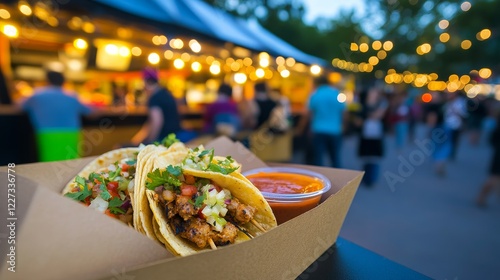 Tasty chicken tacos served with salsa at a lively outdoor food festival with twinkling lights