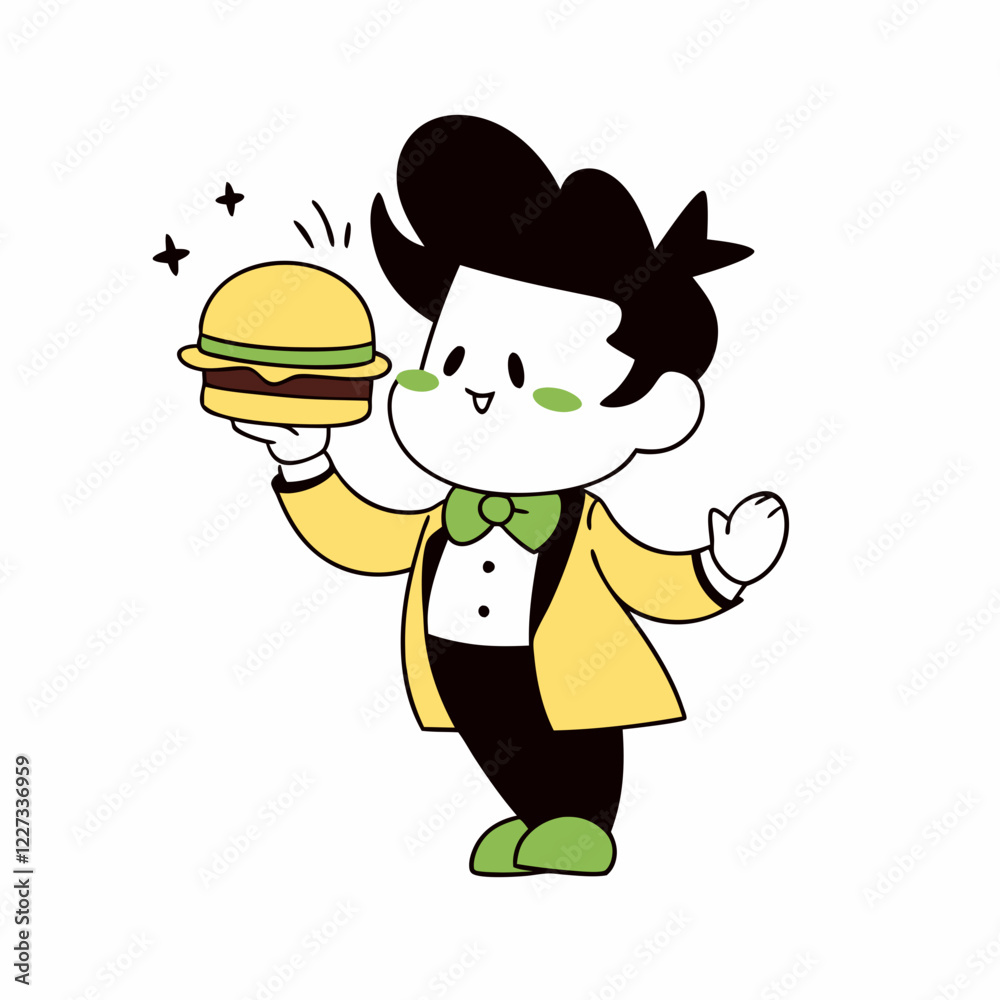 Friendly Cartoon Waiter Serving a Burger, Cheerful Character with a Big Smile and Uniform, Playful and Fun Mascot for Restaurants, Fast Food, and Diner Branding Friendly Cartoon Waiter Serving a Burger, Cheerful Character with a Big Smile and Uniform, Playful and Fun Mascot for Restaurants, Fast Food, and Diner Branding