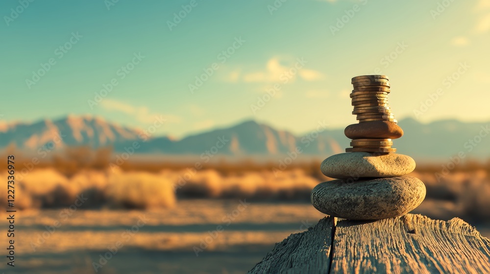 Obraz premium A stack of coins precariously balanced on a rock in a desert, representing wealth and stability in an arid environment