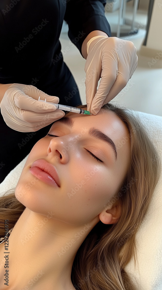Fototapeta premium Woman Receiving a Botox Injection in the Forehead at a Luxury Clinic – Perfect for Advertising, Banners, Medical Stock Photography, and Beauty Marketing