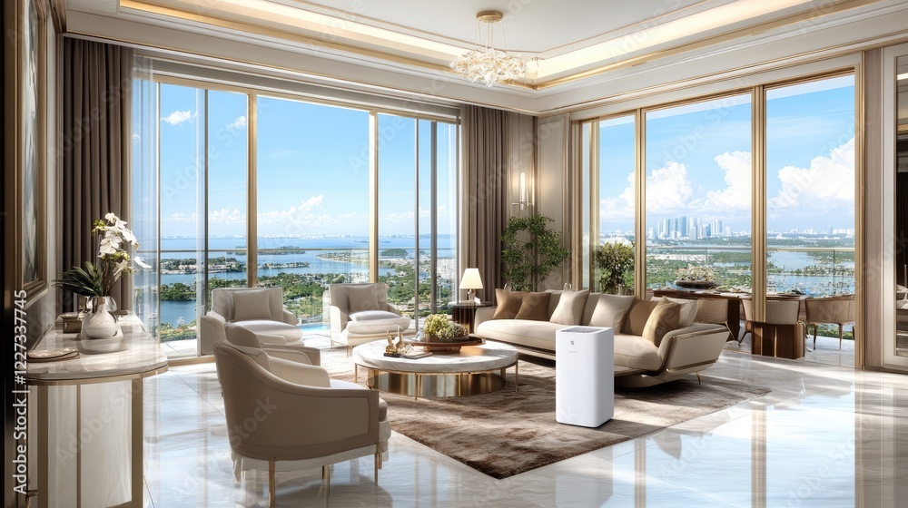 Fototapeta premium A Nordic-style condo living space with a white air purifier blending into the elegant surroundings