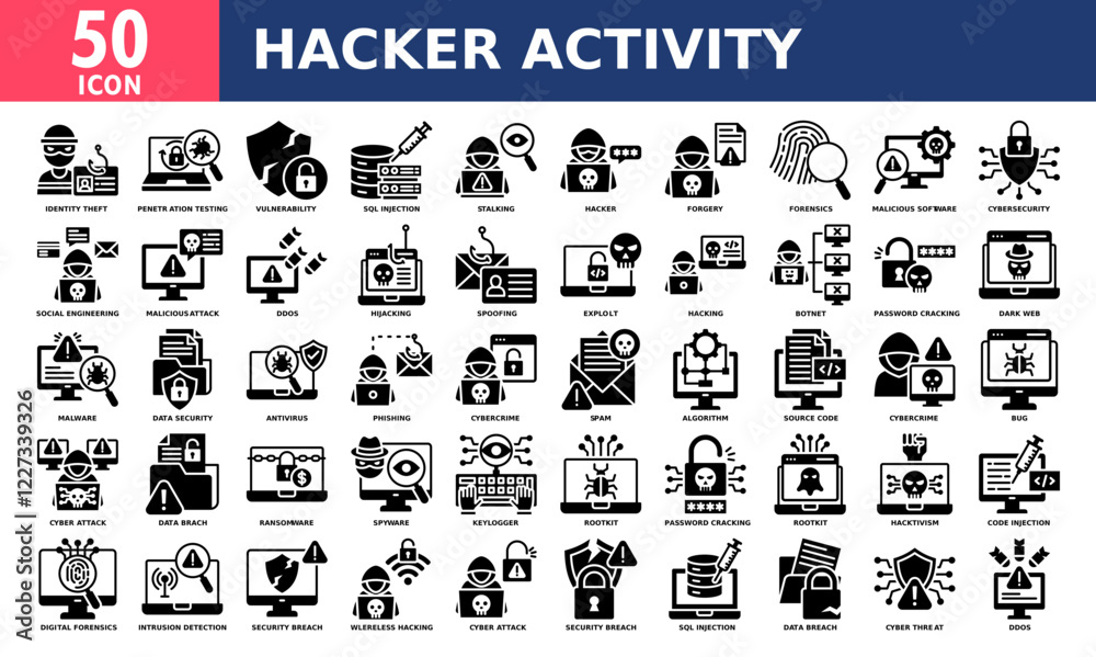 Hacker activity icon set collection. Simple black glyph vector. Hacker activity icon set collection. Simple black glyph vector.