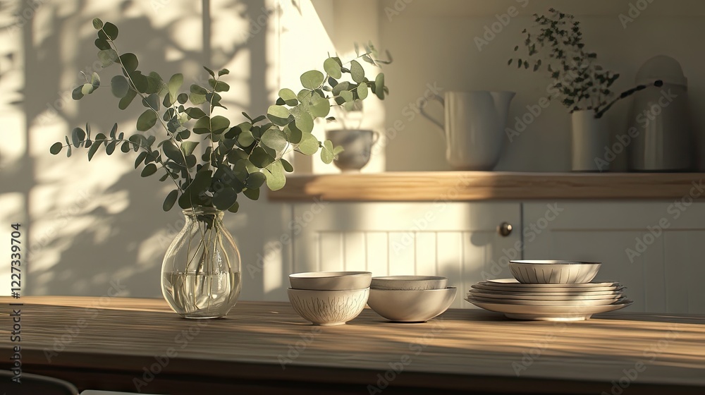 A simple, elegant Scandinavian dining area with a wooden table, ceramic dinnerware, and sunlit eucalyptus branches in a glass vase A simple, elegant Scandinavian dining area with a wooden table, ceramic dinnerware, and sunlit eucalyptus branches in a glass vase