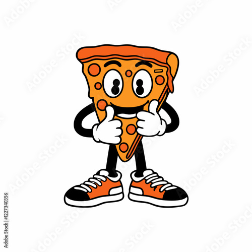 Cartoon Slice of Pizza Character with Sneakers, Fun and Playful Illustration of a Food Mascot, Cheesy and Happy