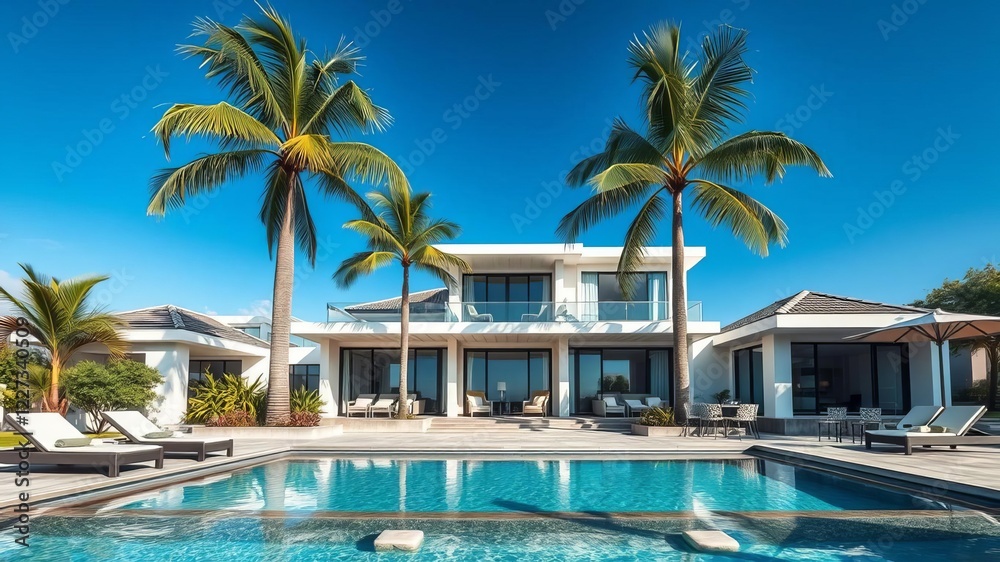 Blue luxury swimming pool with modern house design, palm trees, lounge chairs, and clear blue skies in the background, elegant, real estate, exterior Blue luxury swimming pool with modern house design, palm trees, lounge chairs, and clear blue skies in the background, elegant, real estate, exterior
