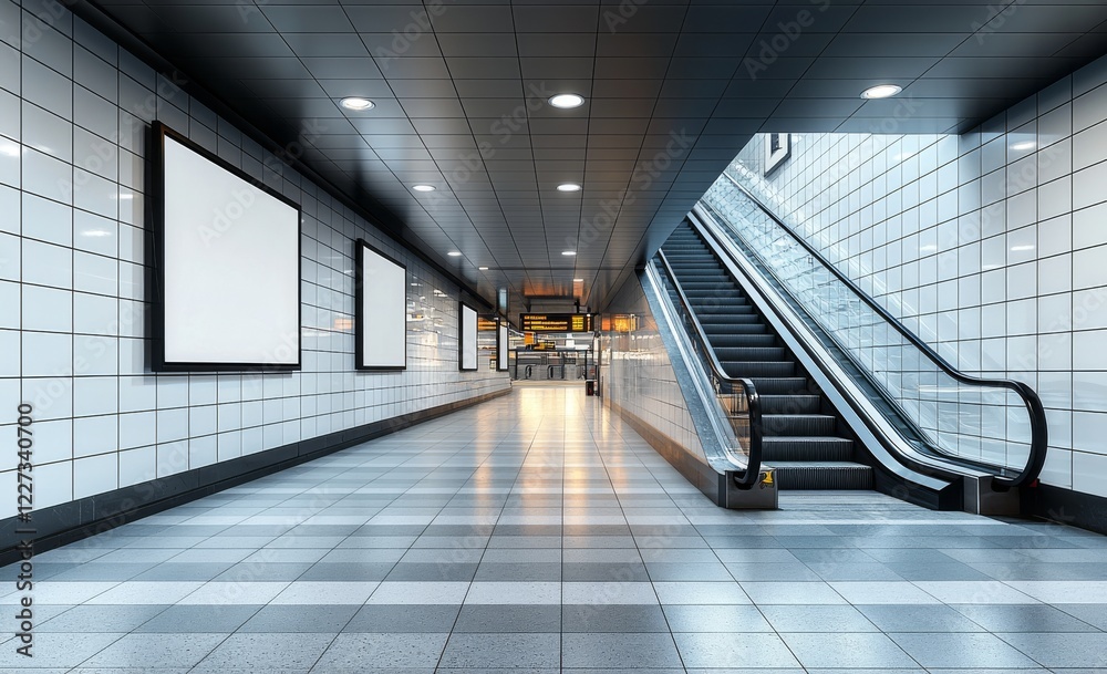 Obraz premium Mock-up poster media template showcasing ads in NYC Subway Station Escalator. Realistic 3d render illustration