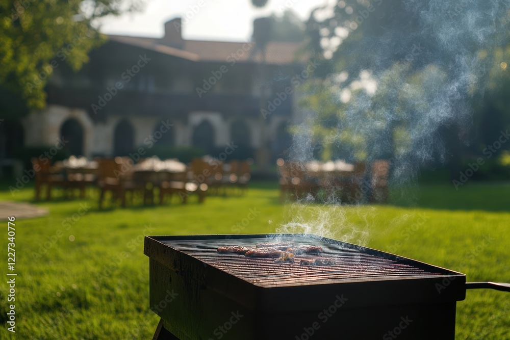 Backyard BBQ grilling meat, sunny day, house background, summer party Backyard BBQ grilling meat, sunny day, house background, summer party