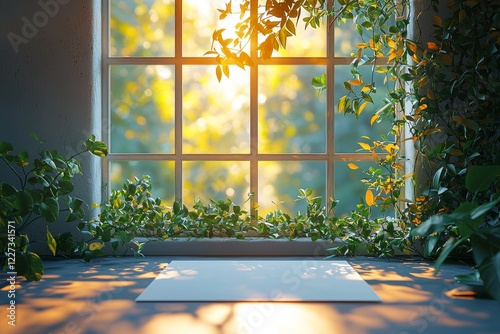 Two sheets of textured white paper on a soft gray table background with a mockup overlay featuring plant shadows. Natural light creates shadows from an exotic plant, horizontally oriented photo