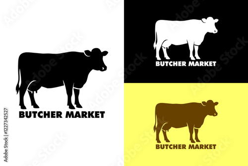illustration of cow silhouette, vector, abstract, logo, butcher shop, butcher market logo, butcher service, slaughterhouse, slaughter house, meat shop, organic food market, log
