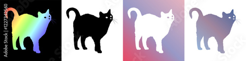Eine Collage an Katzensilhouetten, freigestellt, schwarzweiß und bunt. Neugierige Katze mit erhobenen Schwanz.