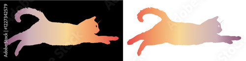 Katze im Sprung, Momentaufnahme. Katzensilhouette freigestelt mit einem Farbverlauf