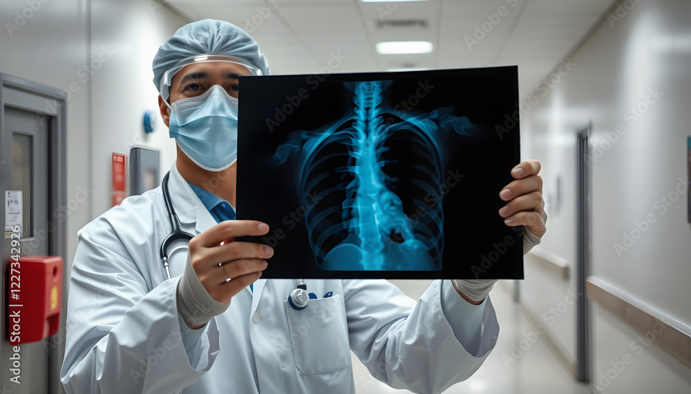 Naklejka premium Doctor in a protective mask during the quarantine period for the spread of coronavirus. Holding a chest x ray while standing in the hospital checking for illnesses , with white tonespn