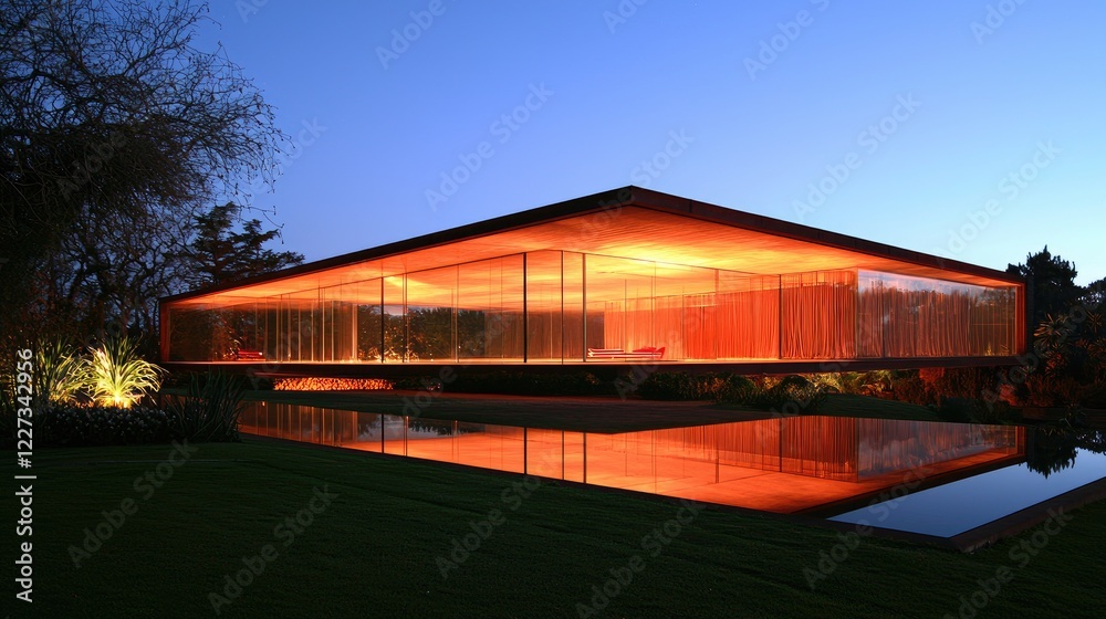 Modern glass house illuminated at dusk, reflecting in pool, tranquil garden Modern glass house illuminated at dusk, reflecting in pool, tranquil garden