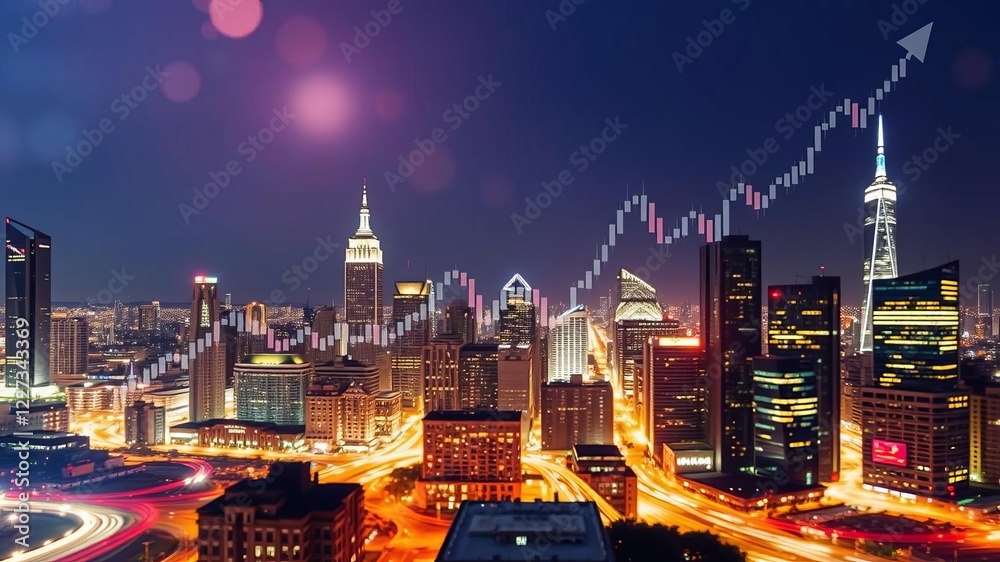 Fototapeta premium Double exposure of forex chart drawings overlaying cityscape background symbolizing success and prosperity, double exposure, chart, cityscape