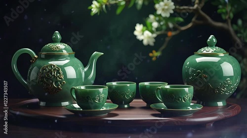 Elegant teapot and cup set made of luxurious green jade. Seamless 4K looping timelapse video animation background