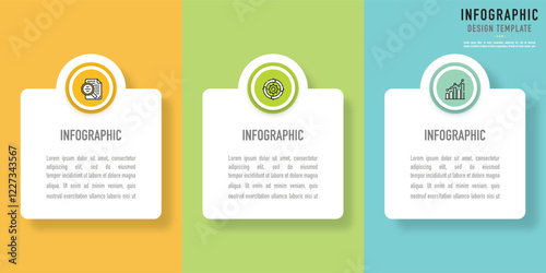 Rectangular infographic template or element with 3 step, process, option, colorful rectangle, icons, triangle, paper origami, button, tag, circle, circular, square bar for sale slide, internet planner
