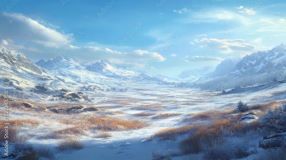 Obraz premium A barren, snow-covered field under a crisp blue sky, creating a peaceful, open environment with space for creative content.