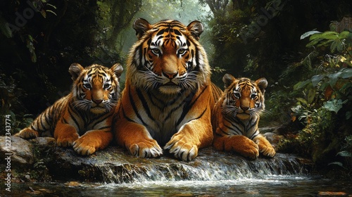 Majestic Tiger Family Portrait in Lush Jungle Setting a Proud Mother Tiger and her Two Cute Cubs resting near a water stream