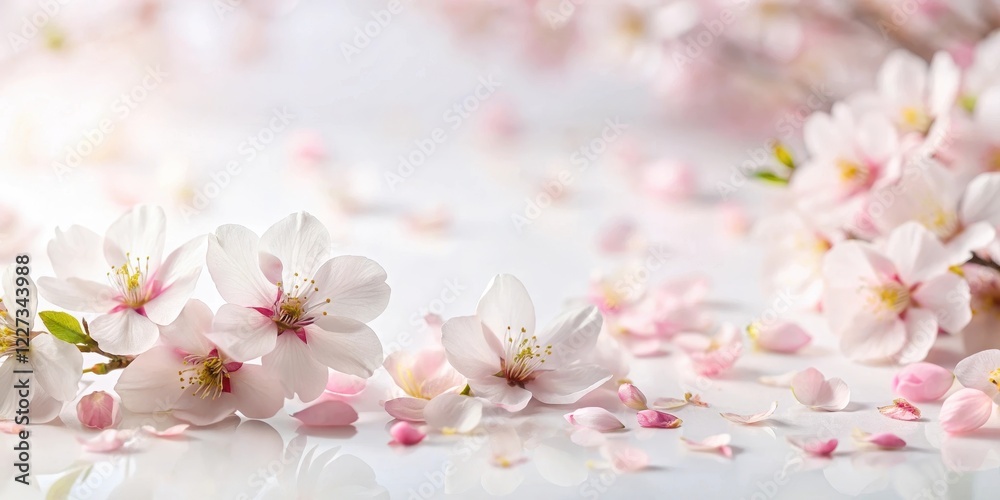 Cherry blossom petals scattered on a soft white background, creating a subtle yet beautiful floral pattern, pink Cherry blossom petals scattered on a soft white background, creating a subtle yet beautiful floral pattern, pink