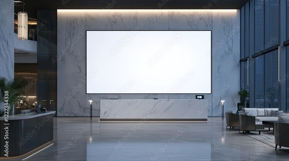 A blank digital display in an elegant hotel lobby, surrounded by sleek furniture and soft lighting, ready for interactive content. A blank digital display in an elegant hotel lobby, surrounded by sleek furniture and soft lighting, ready for interactive content.