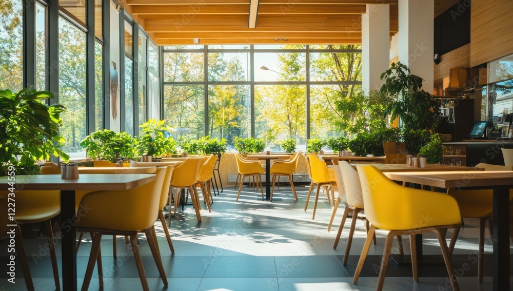 Fototapeta premium Sunlit Modern Cafe Interior Design with Yellow Chairs and Lush Greenery