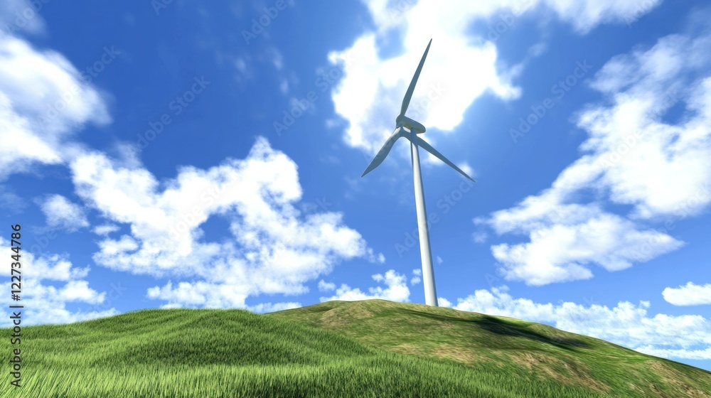A large wind turbine stands majestically on a vibrant green hill under a bright blue sky, symbolizing renewable energy and eco friendly technology in a natural setting A large wind turbine stands majestically on a vibrant green hill under a bright blue sky, symbolizing renewable energy and eco friendly technology in a natural setting