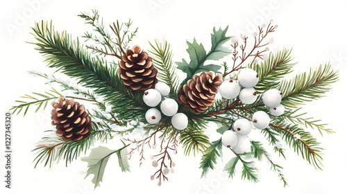 Evergreen Branches and Pinecones Adorned with Delicate Snowberries