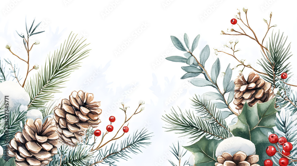 Fototapeta premium Intricate Composition of Pinecones and Snowberries in Winter Flora