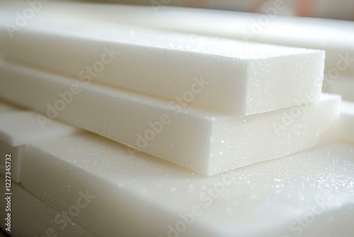 White foam material stacked and ready for industrial use showing water droplets from manufacturing process