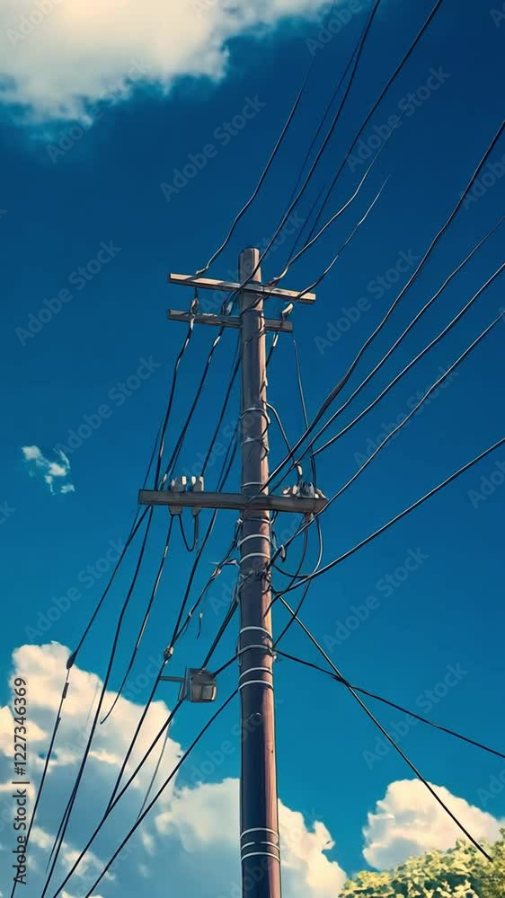 A tall utility pole with numerous wires against a bright blue sky and fluffy white clouds in the background A tall utility pole with numerous wires against a bright blue sky and fluffy white clouds in the background