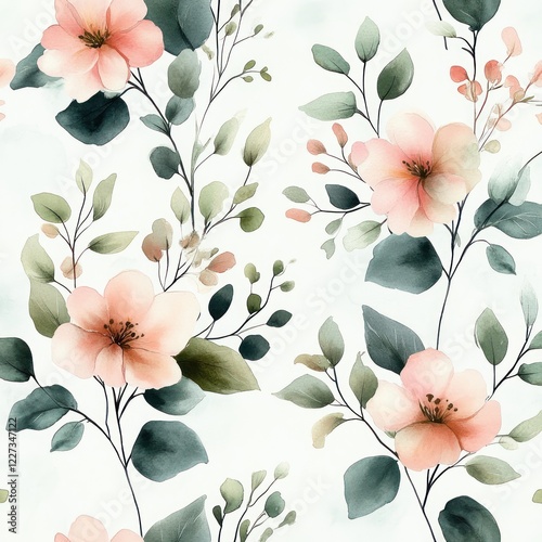Fototapeta Naklejka Na Ścianę i Meble -  seamless floral watercolor pattern with pink blossoms green leaves branches garden background