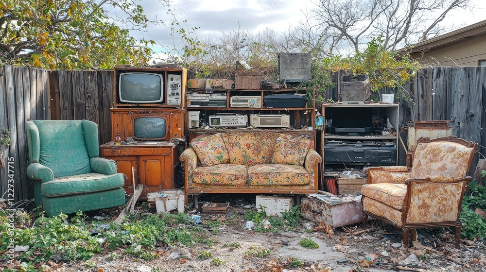 Abandoned Electronics and Furniture Behind a Wooden Fence Abandoned Electronics and Furniture Behind a Wooden Fence