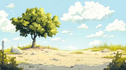 Solitary Tree on Sandy Hill Under Blue Sky