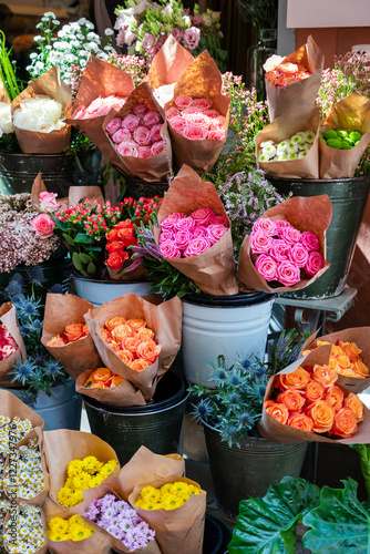 Flowers  bouquets in street flower shop