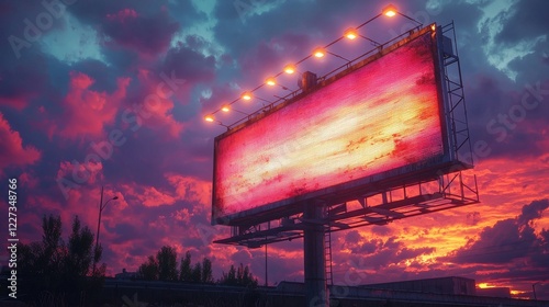 Design templateA blank exterior sign on an advertising billboard, backdrop of a stormy evening photo