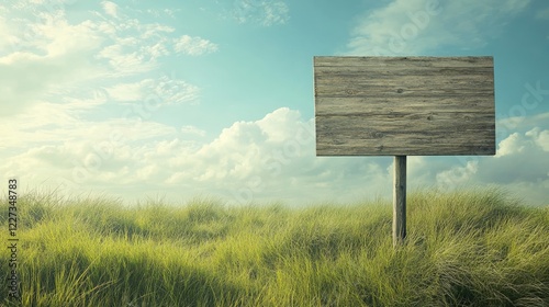 A large blank wooden advertising sign standing in a grassy field under a bright blue sky, offering plenty of space for creative content.