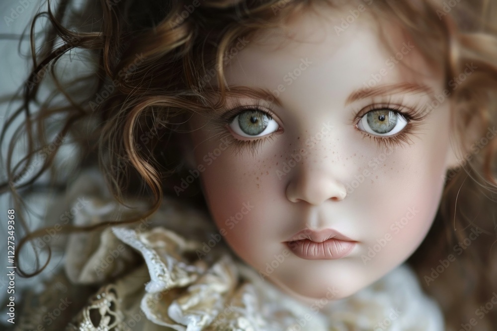 This is a close up portrait of a beautiful doll with big eyes, freckles, and curly hair This is a close up portrait of a beautiful doll with big eyes, freckles, and curly hair