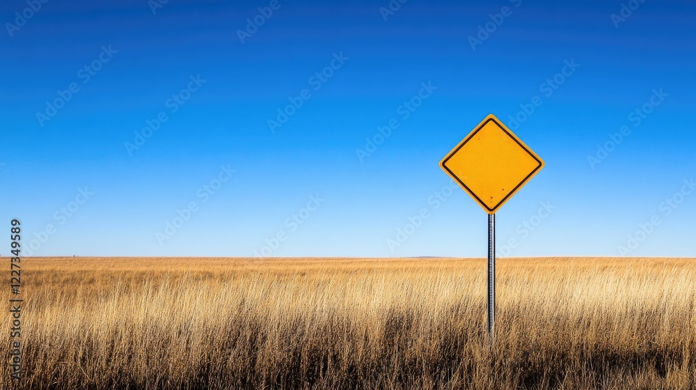 A reflective caution sign on a busy highway, set against the backdrop of a bright blue sky and a vast open field for clear visibility. A reflective caution sign on a busy highway, set against the backdrop of a bright blue sky and a vast open field for clear visibility.