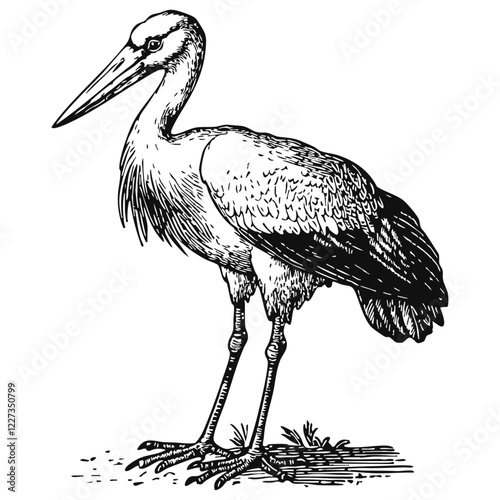 Woodcut illustration of a stork. Vintage grunge vector design element for artworks, poster, cards, web and collages.