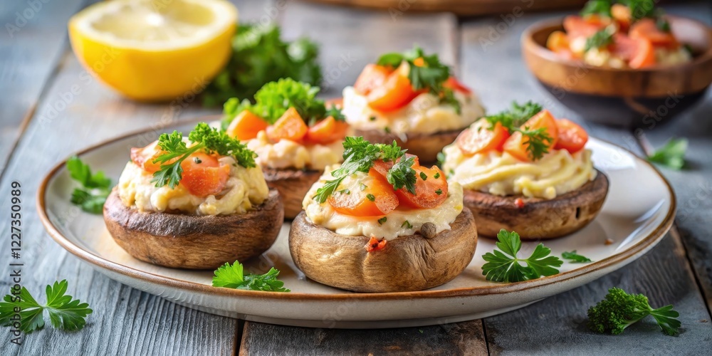 Baked stuffed mushrooms with salmon and cream on a plate, garnished with fresh parsley and lemon wedges , dinner Baked stuffed mushrooms with salmon and cream on a plate, garnished with fresh parsley and lemon wedges , dinner
