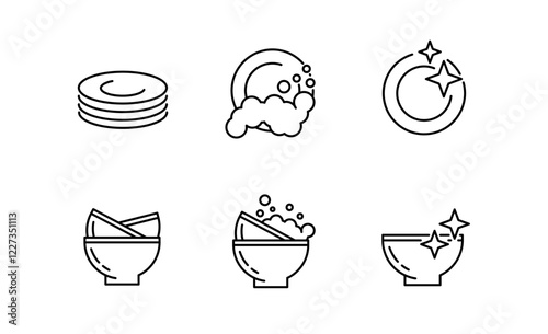 Set of Plate And Bowl icon, Wash Plate And Bowl Symbol Outline icon, Editable Stroke