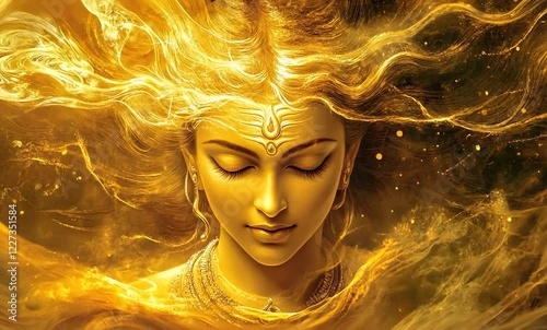 River Ganga Personified as a Hindu Goddess Flowing in Radiant Streams