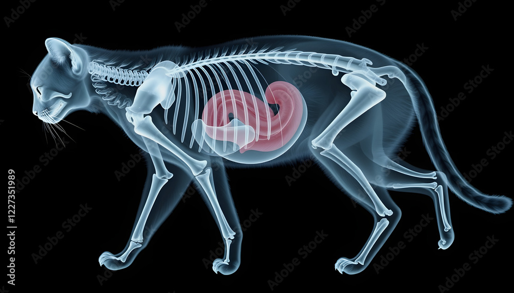 Cat with bowel or intestinal obstruction x-ray image or radiography. Medical imagery. Cat anatomy with spine, tail and rib cage bones or skeleton , with white tonespng Cat with bowel or intestinal obstruction x-ray image or radiography. Medical imagery. Cat anatomy with spine, tail and rib cage bones or skeleton , with white tonespng