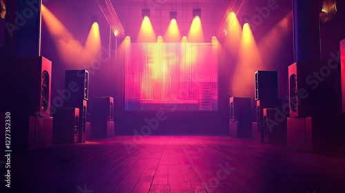 A wide shot of a concert stage with large speakers, a glowing LED screen, and spotlights, setting the mood for an exciting pop music performance. photo