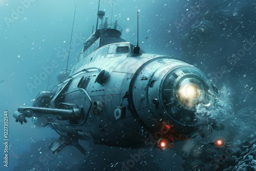 Wallpaper Mural Old submarine exploring a deep ocean reef, with its spotlight illuminating the way Torontodigital.ca